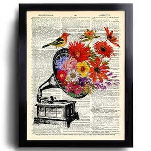 Gramophone Art Print Gramophone Flowers Poster Gramophone Wall Art Gramophone Dictionary Art Print Vintage Wall Decor Music Gift Idea  667