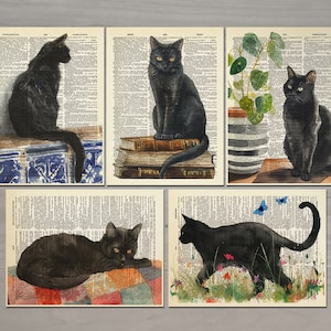 黒猫プリント 5枚セット 猫の本 ポスター ヴィンテージ 猫と本 面白い猫のアートプリント 黒猫 ウォールアート 本好きへのギフト 猫好きへのギフト 763