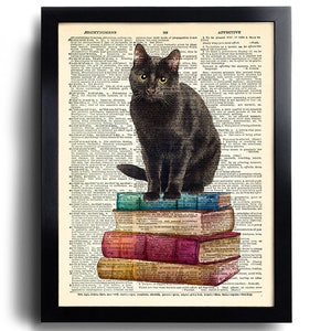 Schwarze Katze Druck Katzenbücher Poster Vintage Buchdruck Katze mit Büchern Lustige Katze Kunstdruck Schwarze Katze Wandkunst Buchliebhaber Geschenk Katzenliebhaber Geschenk 708
