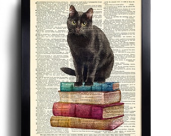 Black Cat Print Cat Books Poster Vintage Book Print Cat with Books Funny Cat Art Print Black Cat Wall Art Book Lover Gift Cat Lover Gift 708