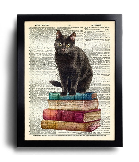 Black Cat Print Cat Books Poster Vintage Book Print Cat With Books