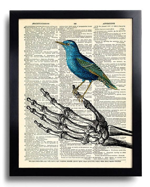 Skeleton Hand Art Blue Bird Art Print Skeleton Poster ...