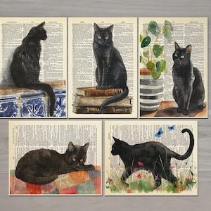 Schwarze Katze Druck 5er Set Katzenbücher Poster Vintage Katze mit Büchern Lustige Katze Kunstdruck Schwarze Katze Wandkunst Buchliebhaber Geschenk Katzenliebhaber Geschenk 763