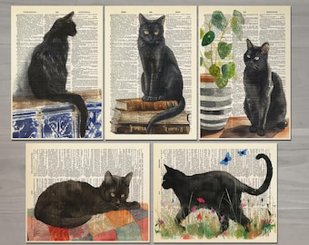 Black Cat Print set of 5 Cat Books Poster Vintage Cat with Books Funny Cat Art Print Black Cat Wall Art Book Lover Gift Cat Lover Gift 763