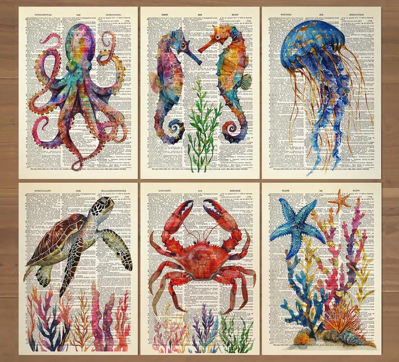 Juego de 6 láminas de vida marina, arte de pared de vida marina, juego de regalo de calamares, decoración de pared de baño de pulpos, póster de vida marina, póster náutico de caballito de mar 810 imagen 1