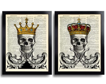 Skeleton Love Couple Art Print Set of 2 Skull Poster Crown Wedding Gift King Queen Wedding Present Couples Gift Idea Anniversary Gift 588