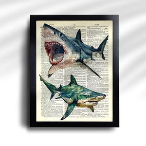 May include: Framed artwork featuring two detailed shark illustrations over a vintage dictionary page. The top shark is blue and white with an open mouth. The bottom shark is green and blue. The artwork is in a black frame.