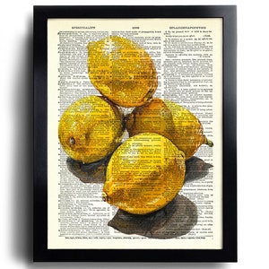 May include: A framed print featuring a still life of five bright yellow lemons. The lemons are realistically rendered with shadows, set against a backdrop of vintage dictionary pages. The frame is black.