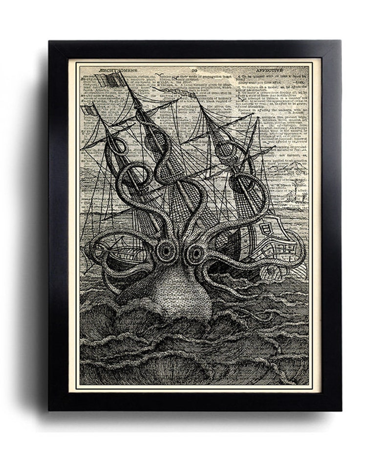 Giant Octopus Sea Art Print Vintage Dictionary Wall Decor, Underwater Artwork, Octopus Painting, Octopus Wall Decal, Ocean Art Print 097 image 1