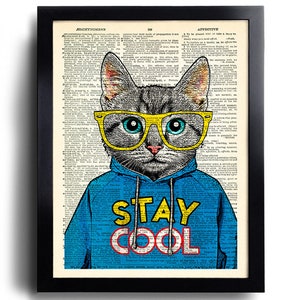 Cool Cat Poster STAY COOL Quote Art Print Cat Glasses Wall Decor Geeky Cat Poster Funny Cat Art Best Friend Gift Cat Nursery Decor 625 image 1