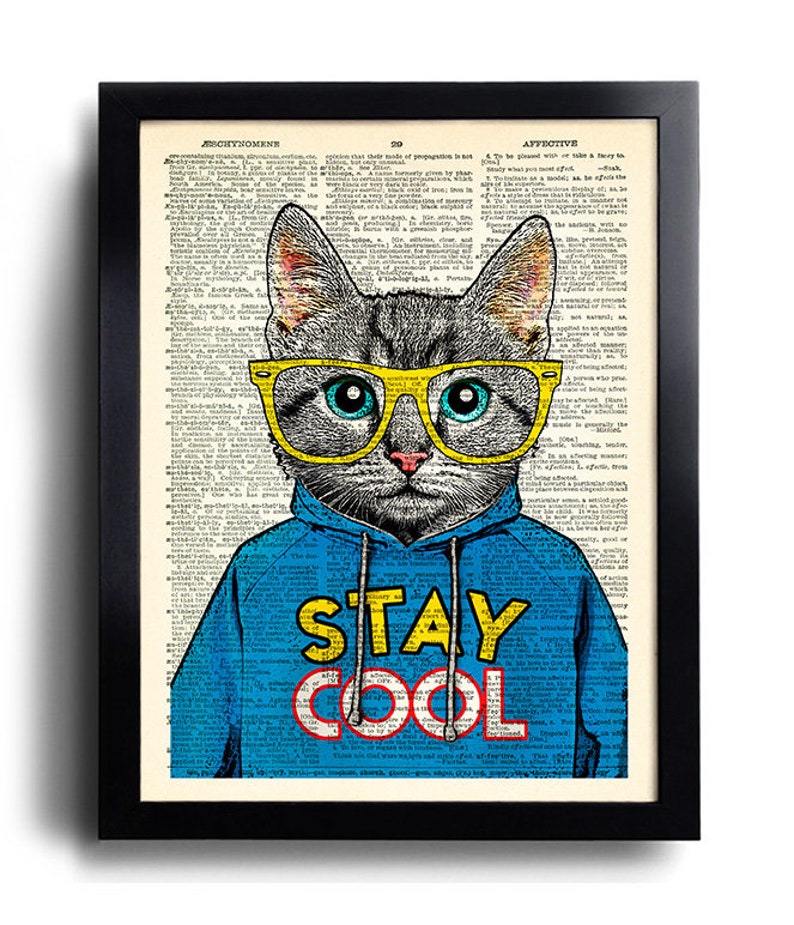 Cool Cat Poster STAY COOL Quote Art Print Cat Glasses Wall Decor Geeky Cat Poster Funny Cat Art Best Friend Gift Cat Nursery Decor 625 image 1