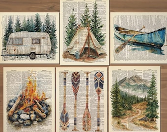 Camping Print Set of 6 Camping Wall Art Campfire Wall Art Vintage Camping Poster Vintage Forest Print Pine Tree Painting Cabin Decor 0856