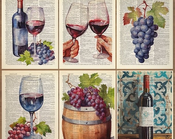 Wine Print Set of 6 Wine Poster Wine Wall Art Kitchen Decor Wine Bar Gallery Retro Wine Bottle Poster Bar Cart Wall Art Wine Decor 834