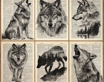 Conjunto de impressão de lobo 6 pôster de lobo arte de parede pintura de lobo presentes impressão de arte de lobo conjunto de pôsteres de lobo vintage impressão de lobo 759