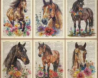 Horse Print Set of 6 Horse Wall Art Horse Poster Horse Painting Horse Wall Decor Horse Gifts Horse Lover Gift Set Vintage Horse Print 818