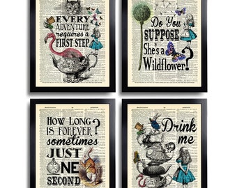 May include: Four framed prints with Alice in Wonderland quotes and illustrations. The quotes are "Every adventure requires a first step", "Do you suppose she's a wildflower?", "How long is forever? Sometimes just one second", and "Drink me".