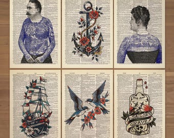 Tattoo Print Set of 6 Tattoo Poster Ship Tattoo Poster Sailor Jerry Print Wedding Gift Present Tattooed Man Print Bathroom Wall Decor 811