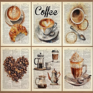 Conjunto de 6 pôsteres de café, arte de parede de café, decoração de cozinha, galeria de cafeteria, arte de cozinha de café retrô, decoração de café 734