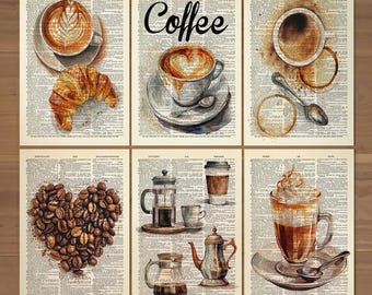Coffee Print Set of 6 Coffee Poster Coffee Wall Art Kitchen Decor Coffee Bar Gallery Retro Coffee Kitchen Art Coffee Art Cafe Decor 734