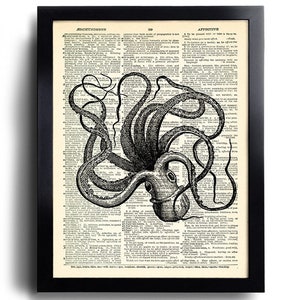 Squid Art Print, Octopus Art Print, Bathroom Wall Decor,Squid Drawing, Sea Life Poster, Octopus Painting, Dictionary Art Print, Sea Art 375