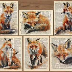 Conjunto de 6 impressões artísticas de raposa, arte de parede de raposa, pôster de raposa, pintura de raposa, retrato de raposa, decoração de parede de raposa, presentes de raposa, conjunto de presentes de impressões de raposa, impressão de raposa vintage 731