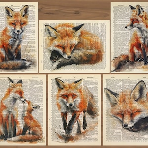 Fox Art Print Set of 6 Fox Wall Art Fox Poster Fox Painting Fox Portrait Fox Wall Decor Fox Gifts Fox Prints Gift Set Vintage Fox Print 731