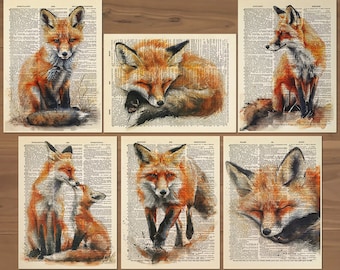 Peut inclure: Six illustrations à l'aquarelle de renards sur des pages de livres anciens. Les renards sont représentés dans diverses poses, notamment en train de dormir, de s'asseoir et de se tenir debout. Les illustrations sont réalisées dans des tons d'orange, de brun et de blanc.