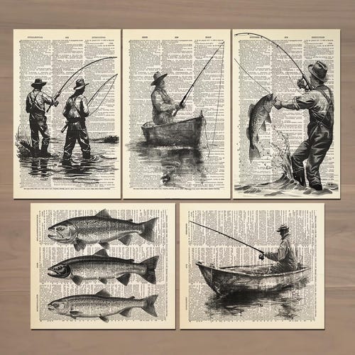 Lot de 5 affiches de pêcheur avec impression pêcheur, idée cadeau pêche vintage, art mural pêche, décoration murale pêche rétro, cadeau pour papa, cadeau pour lui 792
