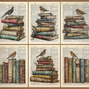 Libro con stampa di uccelli Set di 6 poster di libri Stampa per amanti dei libri Regalo per amanti dei libri Stampa Set regalo per amanti dei libri, Arte murale a tema libro 733