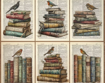 Book with Bird Print Set of 6 Book Poster Booklover Print bookish gift for Book Lover Print Book Lover Gift Set, Book themed Wall Art  733
