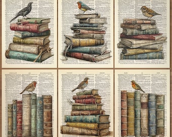 Juego de 6 impresiones de libros con pájaros, póster de libros, impresión para amantes de los libros, regalo para amantes de los libros, juego de regalo para amantes de los libros, arte de pared con temática de libros 733