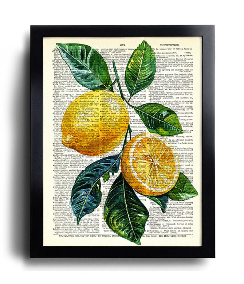 May include: A framed print featuring a botanical illustration of lemons and leaves. The lemons are yellow, with one sliced open, and the leaves are green. The background is a vintage dictionary page, and the frame is black.