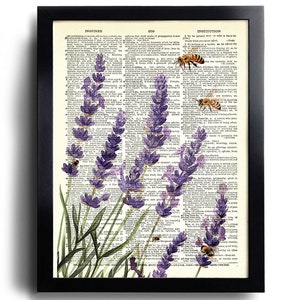 May include: A vintage dictionary page with a watercolor illustration of lavender flowers and bees. The text on the page reads "INSPIRER" and "OTO".