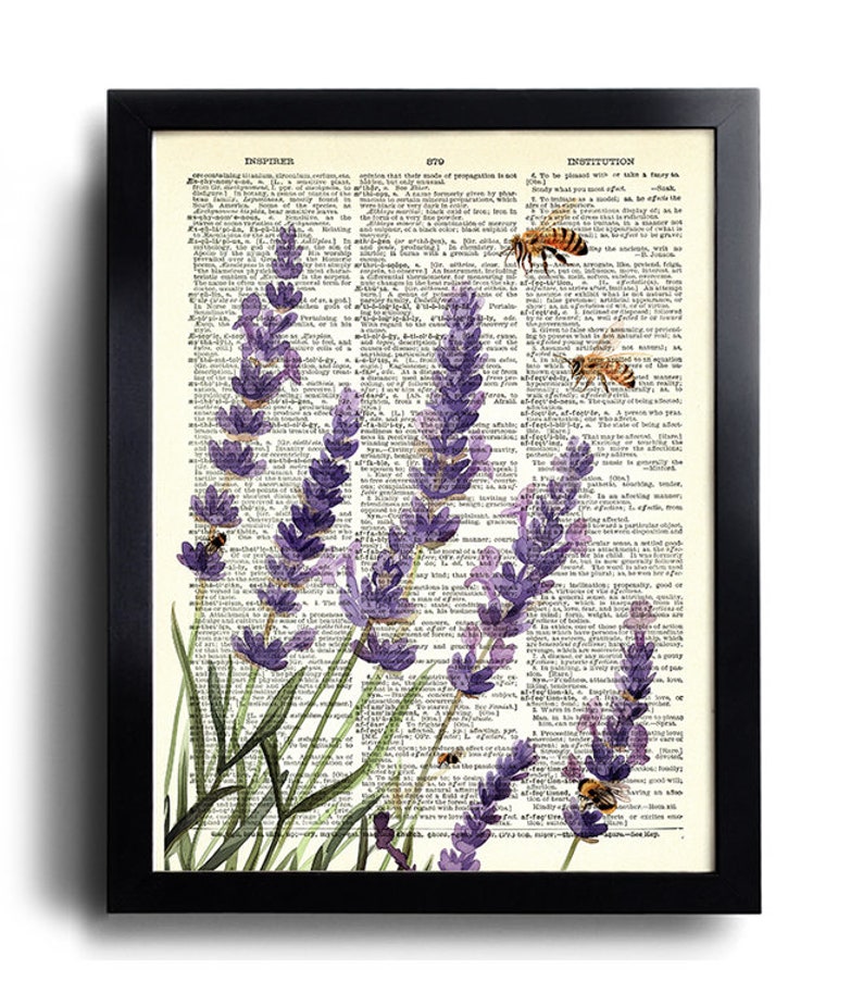 May include: A vintage dictionary page with a watercolor illustration of lavender flowers and bees. The text on the page reads "INSPIRER" and "OTO".