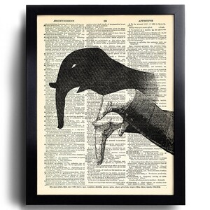Hand Shadow Elephant Art Print  Dictionary Page, Decorative Artwork, Living Room Wall Decor, Unique Art Decals, Gift for Wife  519