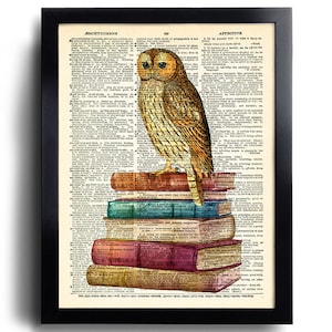 Owl Print Owl Books Poster Vintage Book Print Bird with Books Owl Dictionary Art Print Owl Wall Art Book Lover Gift Owl Book Set Decor 707