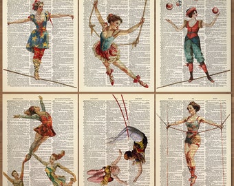 Vintage Circus Print Set of 6 Circus Acrobats Poster Acrobat Women Wall Art Aerialist Trapeze Acrobat Wall Art Tightrope Girl Art Print 739