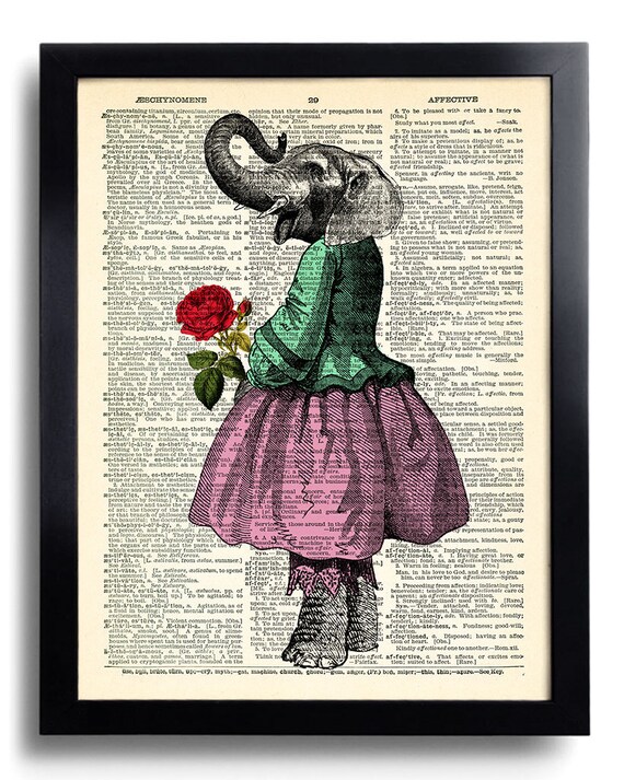 Elephant Girl Art Print Elephant Bedroom Wall Decor Elephant Dictionary Page Poster Kids Bedroom Art Animal Wall Decal 073