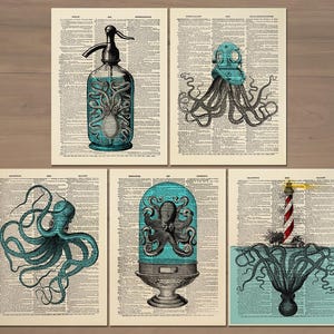 Octopus Prints 5er Set Prints Tintenfisch Geschenk Set Badezimmer Wand Dekor Sea Life Poster Octopus Art Nautical Squid Poster Wörterbuch Kunst Druck 858