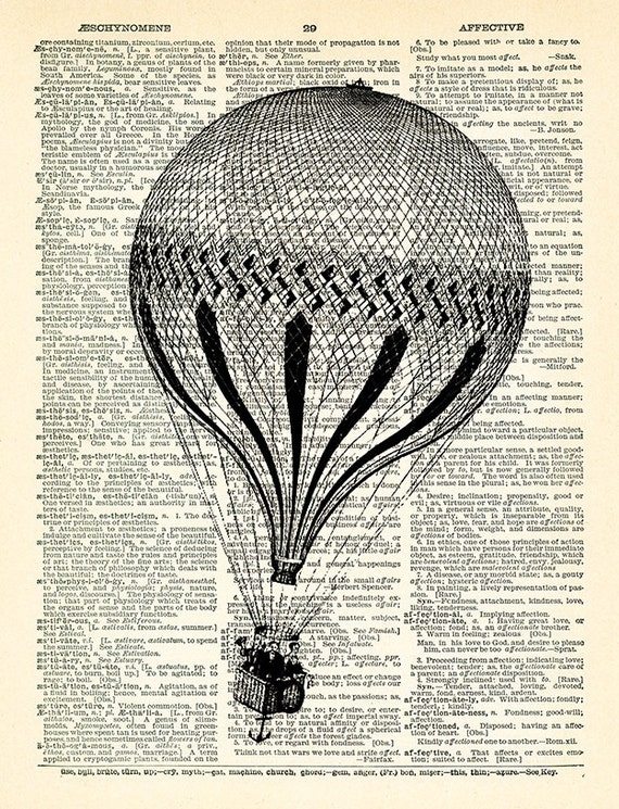 8 x 10.5 Dictionary Art Print Printed On Authentic Vintage Dictionary Book Page Hot Air Balloons