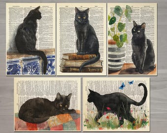 Black Cat Print set of 5 Cat Books Poster Vintage Cat with Books Funny Cat Art Print Black Cat Wall Art Book Lover Gift Cat Lover Gift 0763