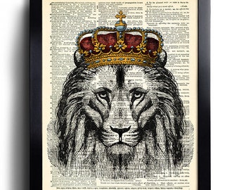 Lion Crown Art Print, Lion Wall Art, Lion Poster Decor, Kids Bedroom Animal Decoration, Dictionary Art Print, Gifts for Girlfriend 126