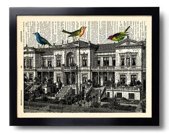 Old Victorian House Bird Art Print Vintage Book Print Recycled Vintage Dictionary Page Collage Repurposed Book Upcycled Dictionary 159