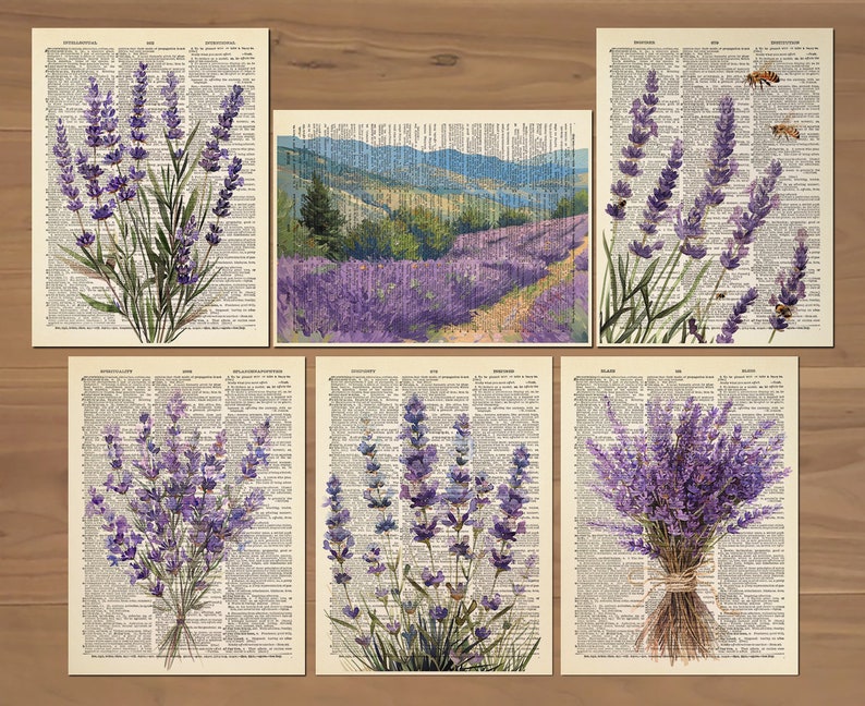 May include: Six vintage book pages with lavender flowers printed on them. The pages are all different sizes and have different text on them. The flowers are all purple and have green stems. The pages are all white and have a yellowed tint.