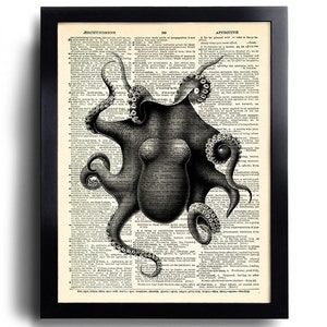 Octopus Art Print on Antique Dictionary Page, Octopus Wall Decor, Sea Life Artwork, Octopus Painting, Octopus Wall Decal,Ocean Art Print 377