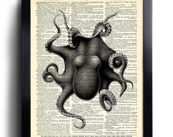 Octopus Art Print on Antique Dictionary Page, Octopus Wall Decor, Sea Life Artwork, Octopus Painting, Octopus Wall Decal,Ocean Art Print 377