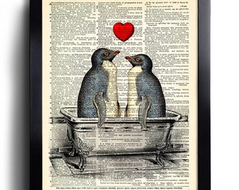 Penguin Couple Love Art Print, Bathroom Wall Decor, funny wall art, nursery animal art Print on Dictionary ,Bathroom Wall Decal 554