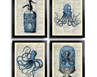 Octopus Art Octopus Poster Set of 4 Prints Squid Dictionary Print Gift Set Bathroom Wall Decor Octopus Print Squid Drawing Squid Print 644