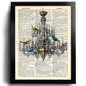 Chandelier Bird birds vintage art print  Wall Decal, Poster,  Bedroom Decal Gift for Girlfriend, Dictionary Artwork 403