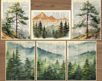 Set di 6 stampe murali con foresta, stampe murali con montagna, stampe con albero di pino, poster con albero di pino, stampe con ramo di pino, decorazioni murali con pino, decorazioni per la montagna 744